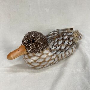 Handcrafted Decorative Duck Decoy Wood Carved Bird Sculpture Brown White 10 inch